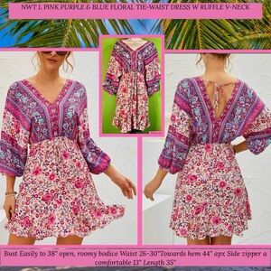 NWT L BEAUTIFUL PATTERN PINK MULTI FLORAL TIE-WAIST BOHO DRESS W RUFFLE V-NECK